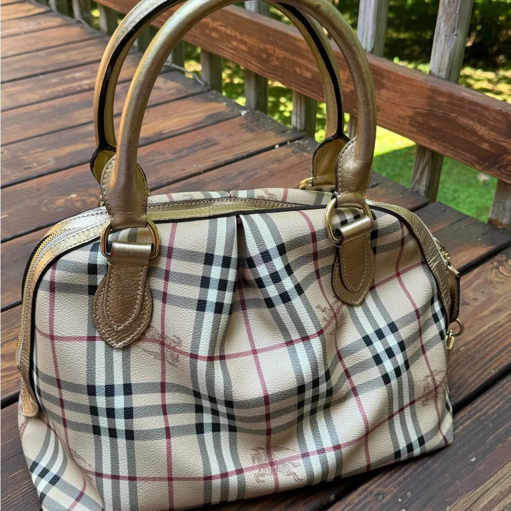 Burberry Haymarket Check Pattern Metallic Handle Thornley Satchel Bowling Bag - Picture 1 of 16